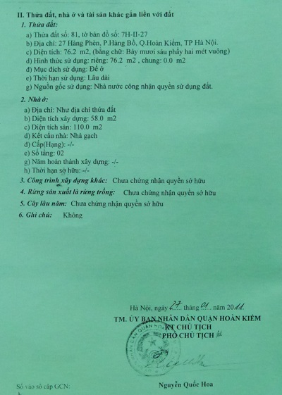 Giấy chứng nhận QSDĐ ghi rõ phần diện tích và kết cấu nhà 27 Hàng Phèn