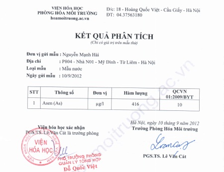 Cư dân hoang mang vì nhiều năm dùng nước nhiễm độc - 2 Kết quả phân tích mẫu nước với hàm lượng Asen vượt xa quy định