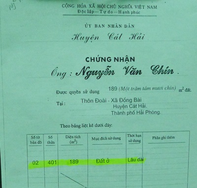 UBND xã Đồng Bài làm ngơ trước sai phạm đất đai - 1 Giấy chứng nhận QSDĐ ghi rõ lô đất rộng 189m2
