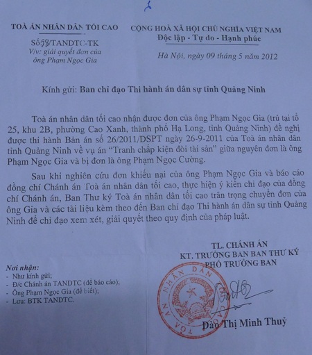 Cụ già bị cắt thận ngóng đợi bản án có hiệu lực pháp luật được thực thi - 1 Ngày 9/5/2012 TAND Tối cao ra văn bản chỉ đạo Cục THADS Quảng Ninh xem xét thi hành án