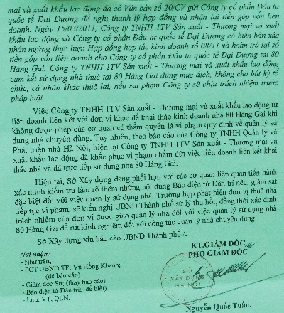 Văn bản báo cáo sai phạm tại 80 Hàng Gai gửi lãnh đạo TP. Hà