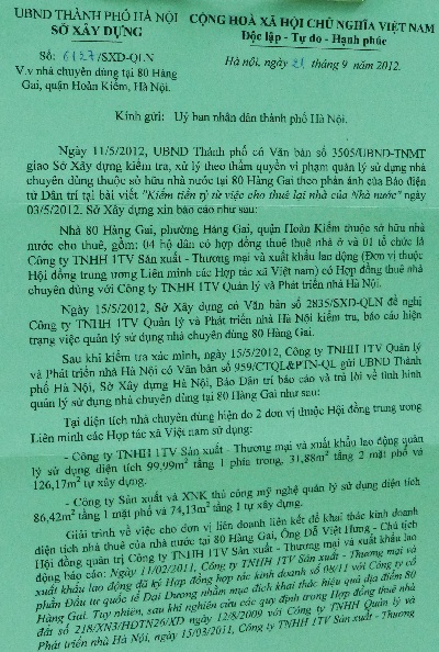 Văn bản báo cáo sai phạm tại 80 Hàng Gai gửi lãnh đạo TP. Hà