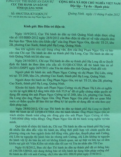 Những quyết định đối lập của TAND Tối cao - 1 Văn bản trả lời báo điện tử Dân trí của Cục THADS tỉnh Quảng Ninh