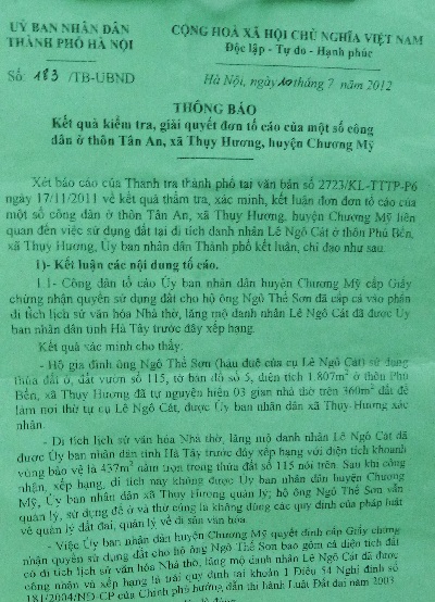 Yêu cầu huyện Chương Mỹ xử lý sai phạm vụ đền thờ danh nhân bị xâm hại - 2 Văn bản 183 chỉ ra nhiều sai phạm của UBND huyện Chương Mỹ