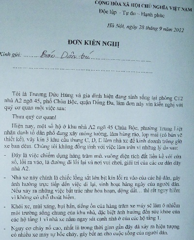 Đơn kiến nghị anh Trương Đức Hùng gửi đến báo Dân trí