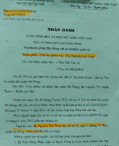 Tòa bác đơn khởi kiện vụ tranh chấp chung cư Làng Việt kiều châu Âu - 1 Bản án sơ thẩm của TAND quận Hà Đông