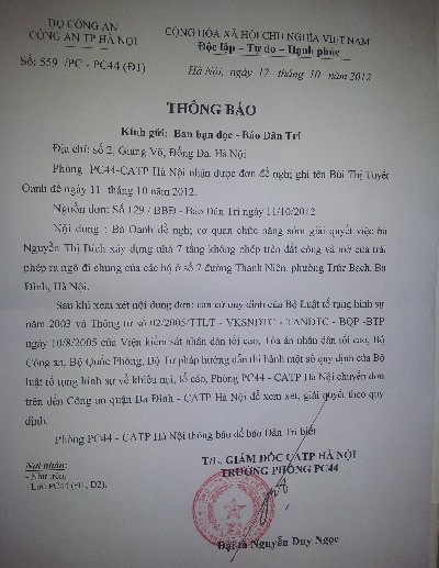 Công an Hà Nội đề nghị làm rõ vụ mở cửa trái phép tại số 7 đường Thanh Niên - 1 Công văn thông báo của Phòng PC44 - CATP Hà Nội