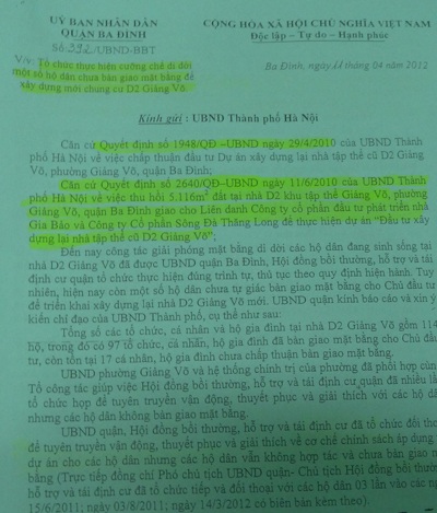 Phương án cưỡng chế UBND quận Ba Đình xin ý kiến TP. Hà Nội
