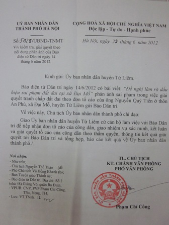 Bài 3: Sau gần 4 tháng, huyện Từ Liêm mới thực hiện chỉ đạo của Thành phố - 1 Công văn chỉ đạo của UBND TP. Hà Nội