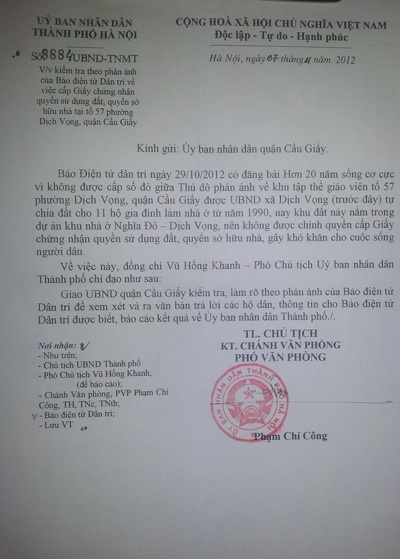 Yêu cầu làm rõ vụ hơn 20 năm sống cơ cực vì không được cấp sổ đỏ - 1 Công văn chỉ đạo của lãnh đạo UBND TP. Hà Nội