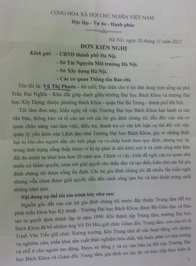 Hàng chục nhân khẩu đối mặt nguy cơ mất nhà ở phường Bách Khoa - 1 Đơn đề nghị bà Vũ Thị Phước gửi đến các cơ quan chức năng