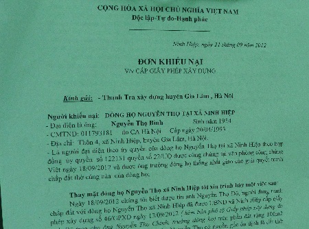 Đất đang tranh chấp vẫn được Chủ tịch xã cấp giấy phép xây dựng - 1 Đơn khiếu nại của đại diện dòng họ Nguyễn Thọ tại xã Ninh Hiệp