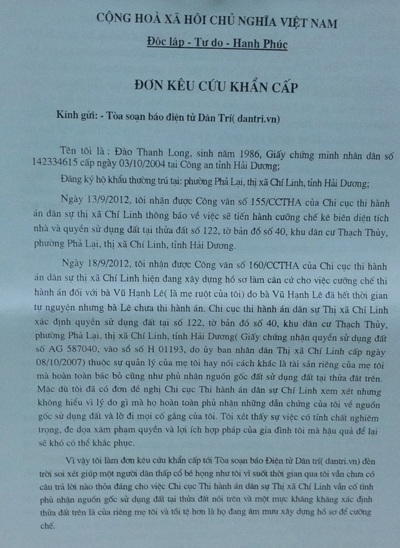 Công dân khốn đốn vì thị xã Chí Linh cấp sổ đỏ trái pháp luật - 1 Đơn kêu cứu anh Đào Thanh Long gửi đến báo