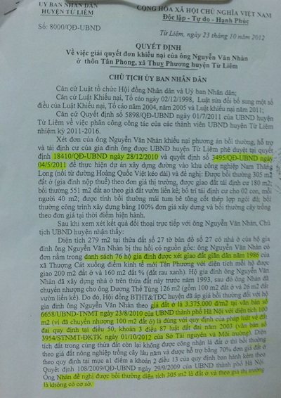 Quyết định trả lời khiếu nại của Chủ tịch huyện Từ Liêm gây bức xúc dư luận