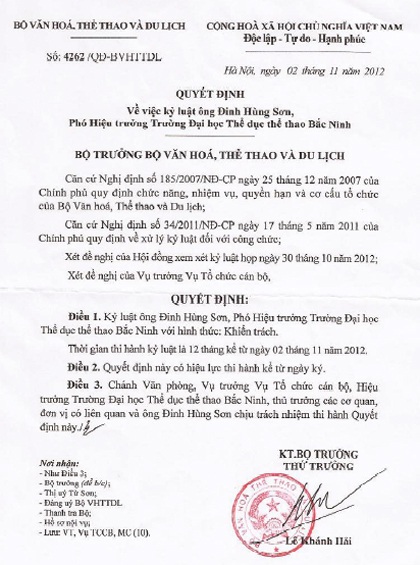 Quyết định kỷ luật đối với ông Đinh Hùng Sơn