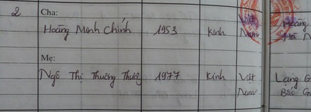 Tên ông Hoàng Minh Chính và bà Ngô Thị Thương Thương tại sổ đăng ký khai sinh phường Bồ Đề