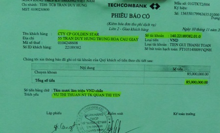 Đề nghị điều tra vụ khách hàng “sập bẫy” sàn vàng 25 tỷ đồng - 3 Phiếu chuyển tiền của bà thuận cho Công ty cho Golden Star