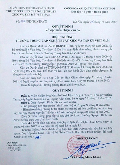 Trường Xiếc Việt Nam xử lý nghiêm những trò “xiếc” gây ảnh hưởng uy tín - 1 Quyết định miễn nhiệm đối với Thủ quỹ Nguyễn Đình Hậu
