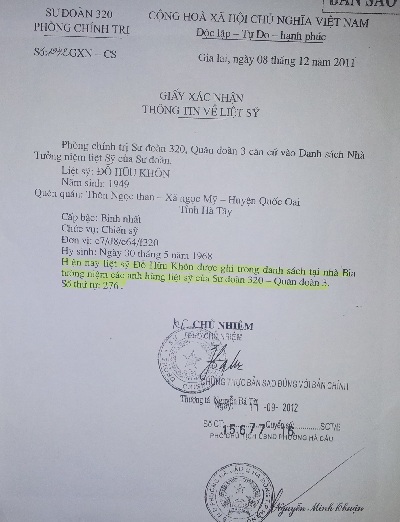 Văn bản xác nhận của Sư đoàn 320 về trường hợp hy sinh của quân nhân Đỗ Hữu Khôn ký ngày 8/12/2011
