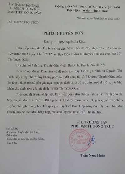 TP. Hà Nội chỉ đạo xử lý dứt điểm vụ tranh chấp tại số 7 đường Thanh Niên - 1 Công văn của UBND TP. Hà Nội gửi quận Ba Đình