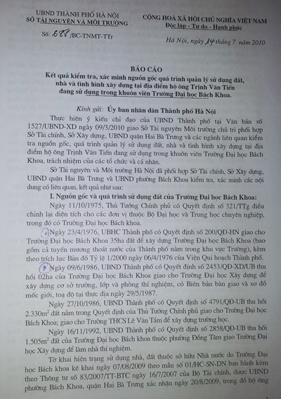Kết luận của Sở TNMT liên quan đến vụ tranh chấp tại ĐH Bách khoa