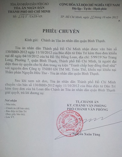 Tòa án TP.HCM yêu cầu làm rõ khuất tất vụ tranh chấp ở quận Bình Thạnh - 1 Công văn chỉ đạo của Tòa án TP.HCM gửi Chánh án TAND quận Bình Thạnh