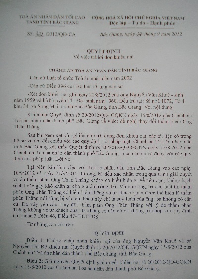 TAND tỉnh Bắc Giang bị "tố" giải quyết khiếu nại trái pháp luật - 1 Văn bản của Chánh án TAND tỉnh Bắc Giang