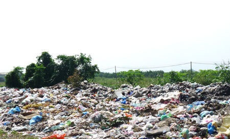 Bãi tập kết rác cao quá đầu người chưa được vận chuyển ở xã Trần Phú