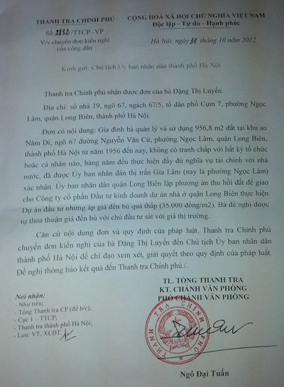 Thanh tra Chính phủ vào cuộc vụ thu hồi đất bức xúc tại quận Long Biên - 2 Công văn chỉ đạo giải quyết của Thanh tra Chính phủ