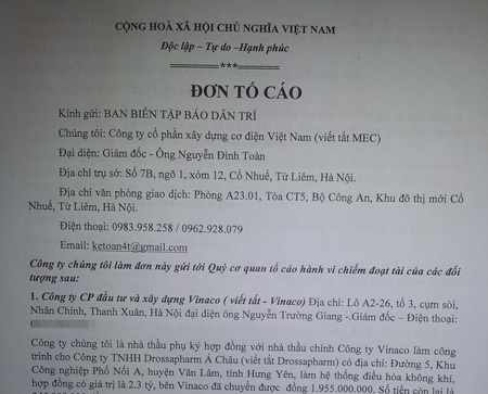 Nhà thầu phụ ăn "trái đắng" vì bị bội tín - 1 Đơn tố cáo Công ty MEC gửi đến báo Dân trí