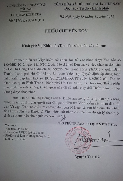 Vụ Khiếu tố vào cuộc vụ kiện tại tòa án quận Bình Thạnh - 1 Thông báo chuyển đơn của Phó Thủ Trưởng Cơ quan điều tra Viện KSND Tối cao
