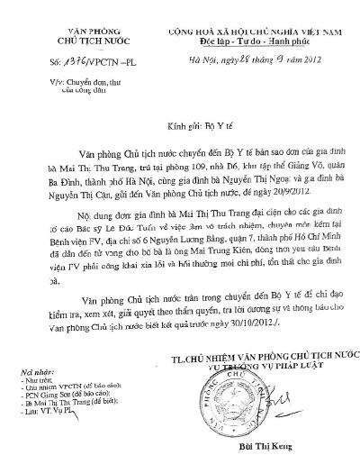 Văn phòng Chủ tịch nước yêu cầu làm rõ vụ bệnh nhân tử vong tại BV Pháp Việt - 1 Công văn của Văn phòng Chủ tịch nước gửi Bộ Y tế