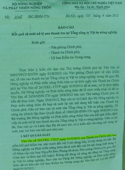 Văn bản báo cáo của Bộ Trưởng Cao Đức Phát