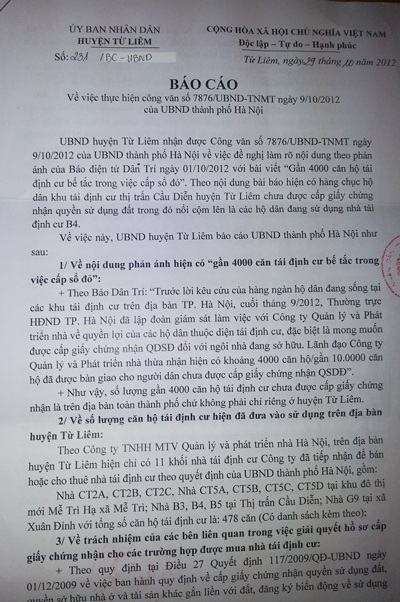 "Bắt lỗi" nguyên nhân hàng trăm căn hộ chung cư chưa được cấp sổ đỏ - 3 Công văn của huyện Từ Liêm báo cáo vụ việc báo Dân trí phản ánh