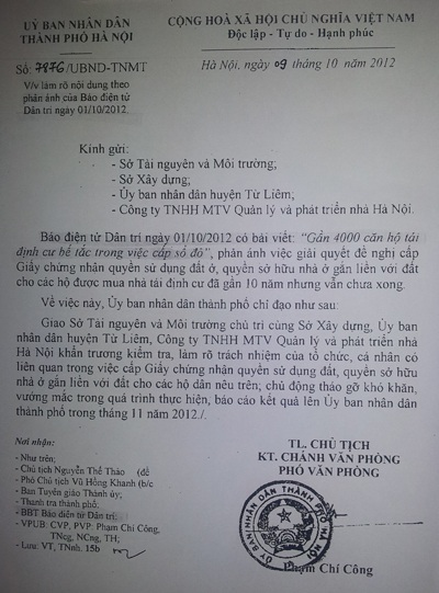 "Bắt lỗi" nguyên nhân hàng trăm căn hộ chung cư chưa được cấp sổ đỏ - 2 Công văn chỉ đạo của UBND TP. Hà Nội