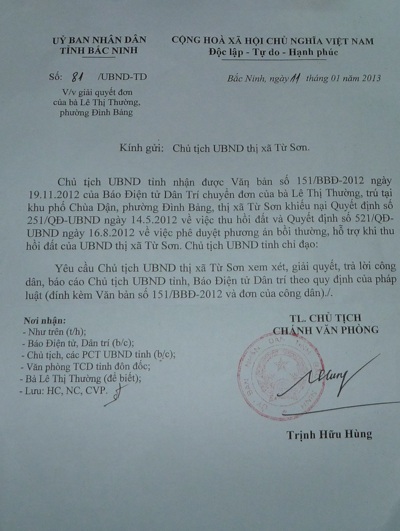 Chủ tịch tỉnh Bắc Ninh yêu cầu làm rõ vụ việc Dân trí phản ánh - 1 Công văn chỉ đạo của UBND tỉnh Bắc Ninh yêu cầu thị xã Từ Sơn