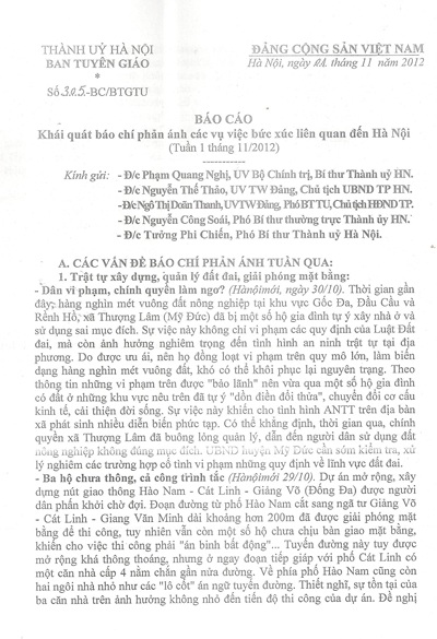 Văn bản báo cáo Bí thư Thành ủy của Ban Tuyên giáo Thành ủy Hà Nội
