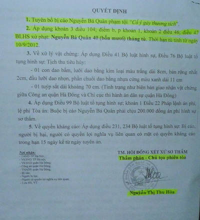 Đối tượng đâm chém dã man một kỹ sư tại Hà Đông nhận án tù 40 tháng - 4 Bản án công minh của TAND quận Hà Đông ngày 29/11/2012