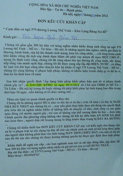 Đơn kêu cứu của gần 200 hộ dân gửi đến báo Dân trí
