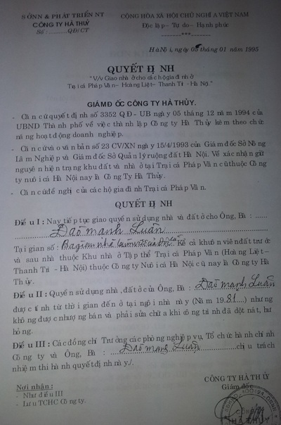 Quyết định giao nhà và đất của Công ty Hà Thủy