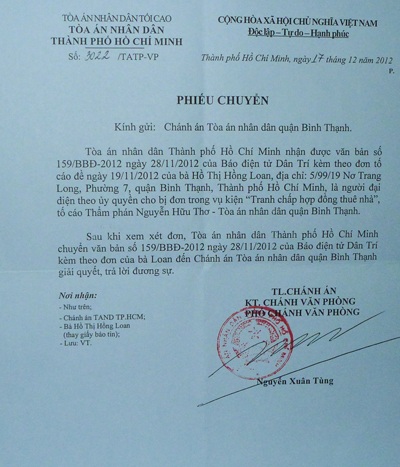 Văn bản của TAND TP. HCM yêu cầu giải quyết vụ việc