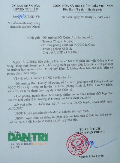 Kiểm tra khẩn cấp vụ "bom gas" đe dọa hàng nghìn cư dân - 1 Công văn chỉ đạo kiểm tra của UBND huyện Từ Liêm