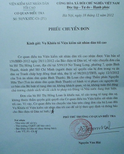 Vụ Khiếu tố vào cuộc vụ án có nhiều khuất tất ở quận Bình Thạnh - 1 Phiếu chuyển đơn của Cơ quan điều tra Viện KSNDTC