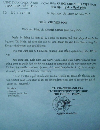 Hàng trăm tiểu thương Sài Đồng đối mặt nguy cơ “ra đường” - 4 Công văn của Thanh tra Thành phố yêu cầu quận Long Biên xem xét