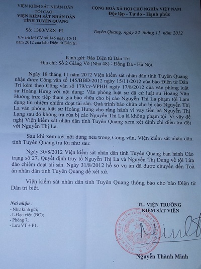 Viện KSND tỉnh Tuyên Quang không đưa ra lời giải thích thấu đáo - 1 Văn bản trả lời không rõ ràng, thiếu thuyết phục của Viện KSND tỉnh Tuyên Quang