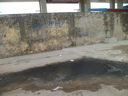 Dòng chữ “cấm đái bậy” sơ sài – nước hôi thối ứ đọng ố vàng