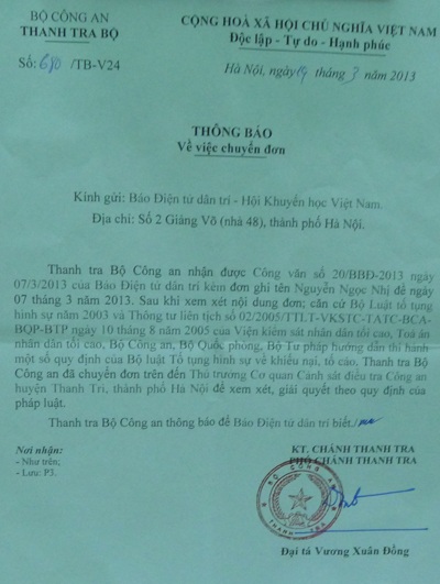 Thanh tra Bộ Công an chỉ đạo làm rõ vụ khiếu kiện tại huyện Thanh Trì - 2 Văn bản hồi âm của Bộ Công an gửi báo Dân trí