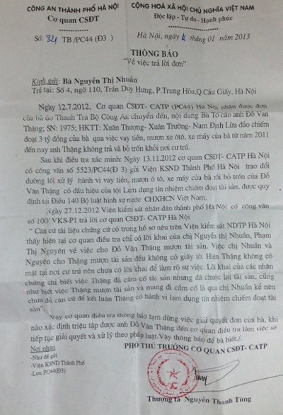 Đề nghị điều tra vụ việc có dấu hiệu lừa đảo ở phường Trung Hòa - 2 Thông báo của Cơ quan CSĐT - CATP. Hà Nội về trình tự giải quyết vụ việc