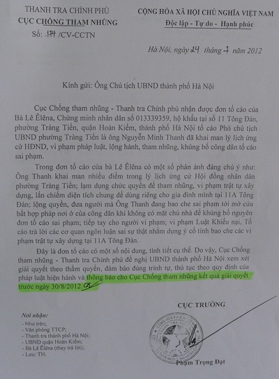 Văn bản đề nghị giải quyết của Cục Chống tham nhũng gửi Chủ tịch UBND TP. Hà Nội