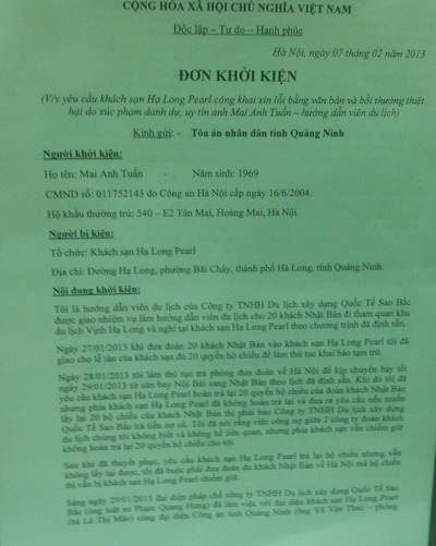 Khách sạn Hạ Long Pearl bị hướng dẫn viên kiện ra tòa - 3 Đơn khởi kiện khách sạn Hạ Long Pearl ra tòa án của ông Mai Anh Tuấn